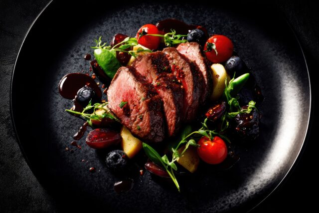 Assiette gastronomique soignée avec viande, fruits rouges et tomates cerises, illustrant la cuisine étoilée Michelin